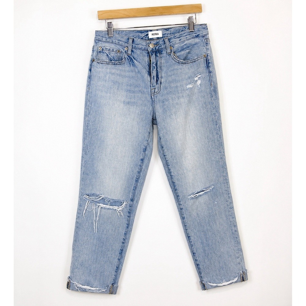 Pistola Presley High Rise Distressed Light Wash Straight Leg Jeans Size 27